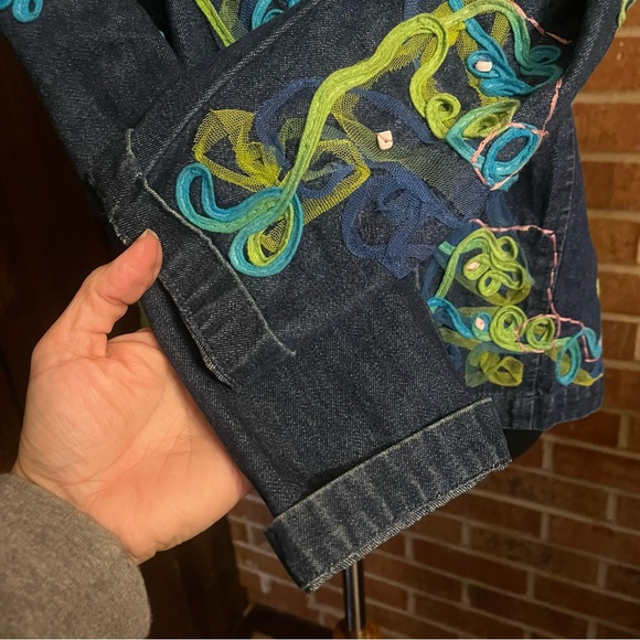 CHOICES Women PM Denim Jacket Ribbon Embellished Blue Snap Closure Long Sleeves - Picture 10 of 16